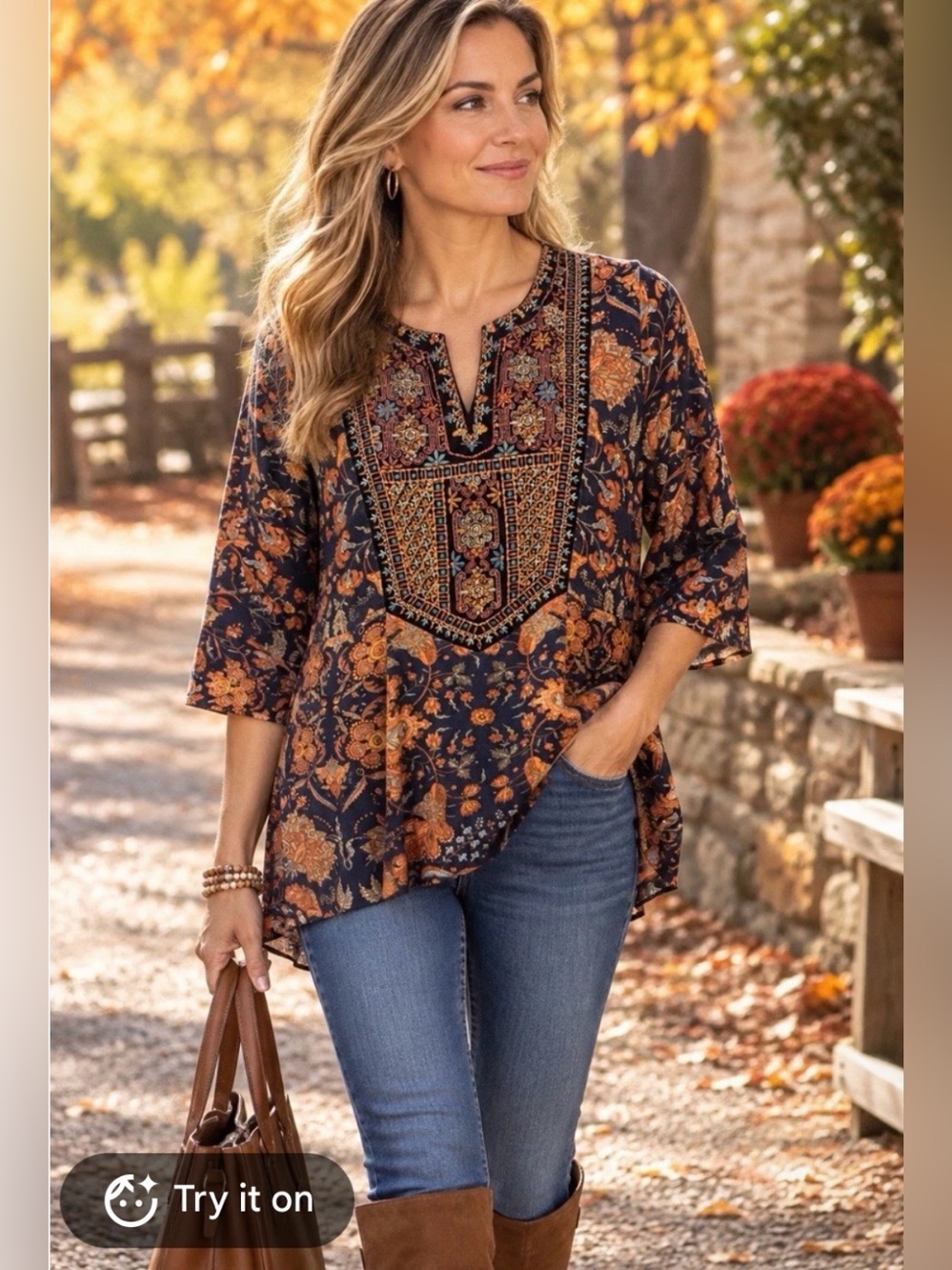Soft Surroundings Navy Orange Floral Embroidered Split Neck Tunic Top XS